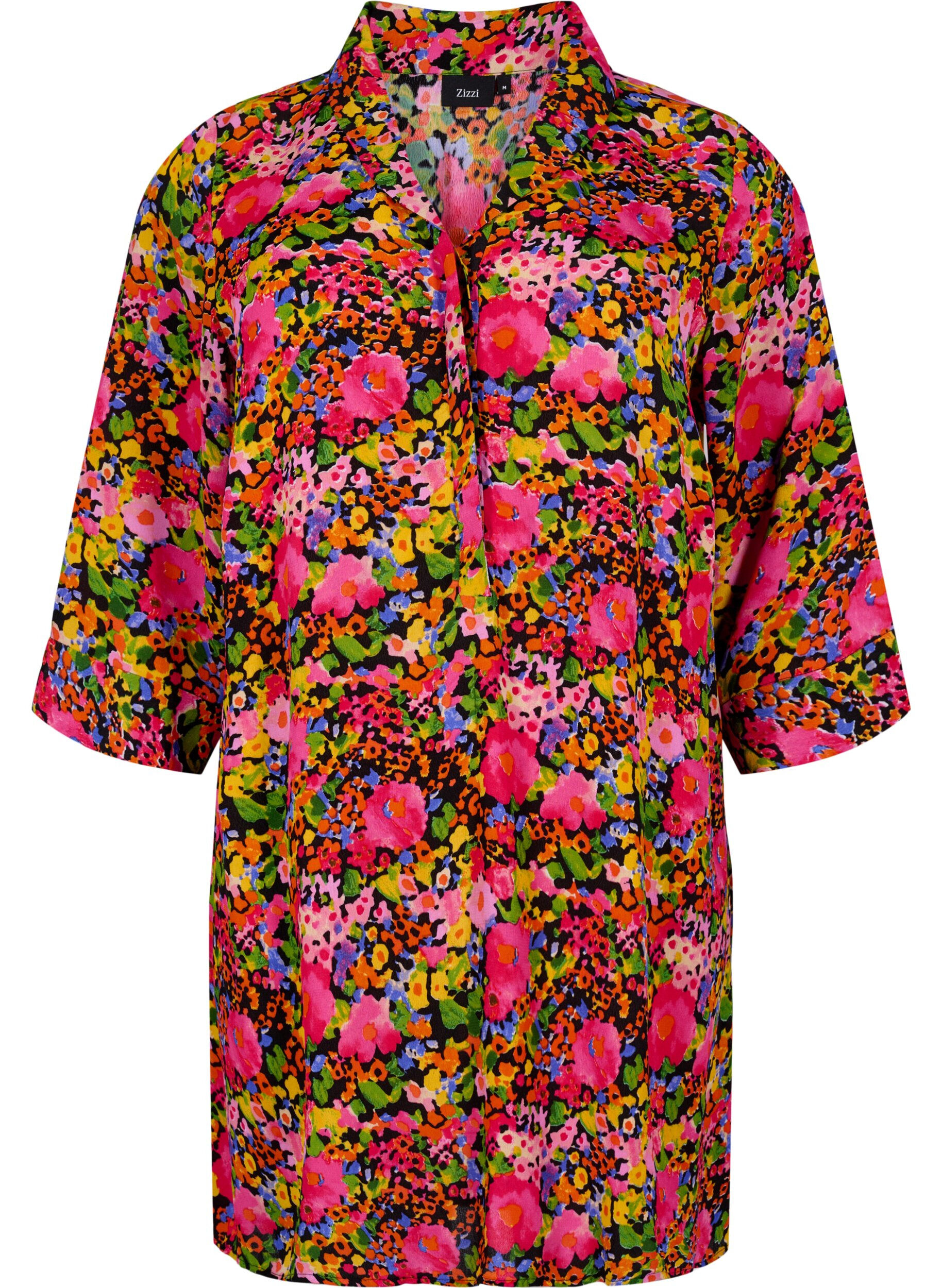 Zizzi Wiskozowa tunika w kwiaty z rekawami 3/4, Neon Flower Print, Packshot image number 0