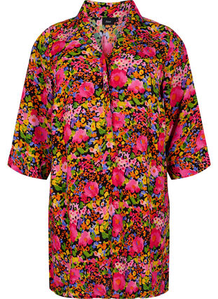 Wiskozowa tunika w kwiaty z rekawami 3/4, Neon Flower Print, Packshot image number 0