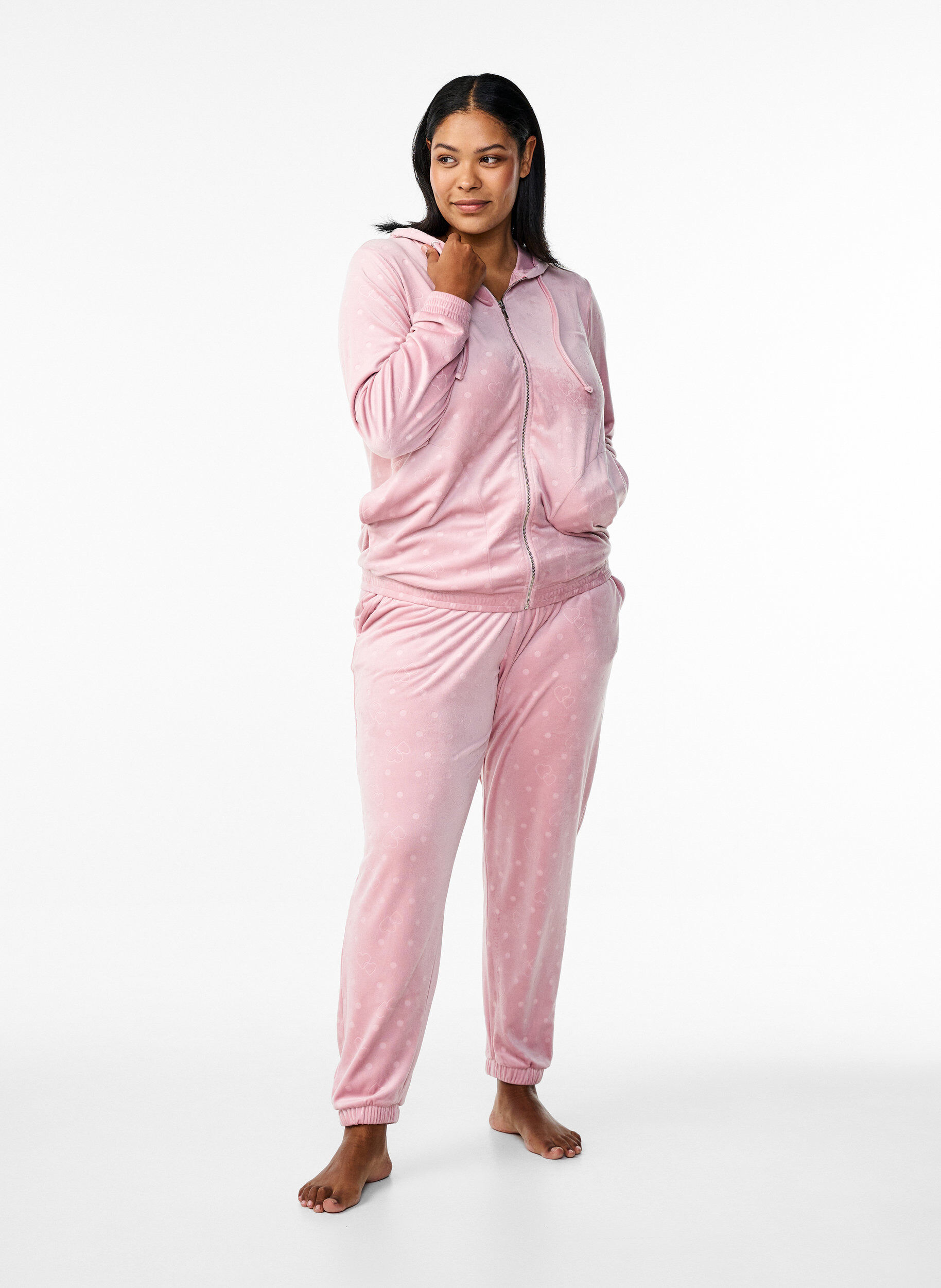 Zizzi Welur spodnie z kropkami i serduszkami, R&oacute;żowy, Model image number 0