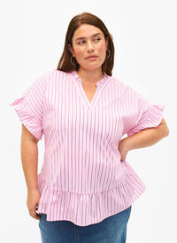 Bluzka w paski z baskinka i marszczeniami, Pink Red Stripe, Model