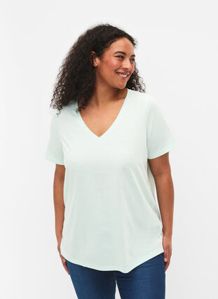 T-shirt z krótkim rekawem i dekoltem w szpic, Honeydew, Model image number 0