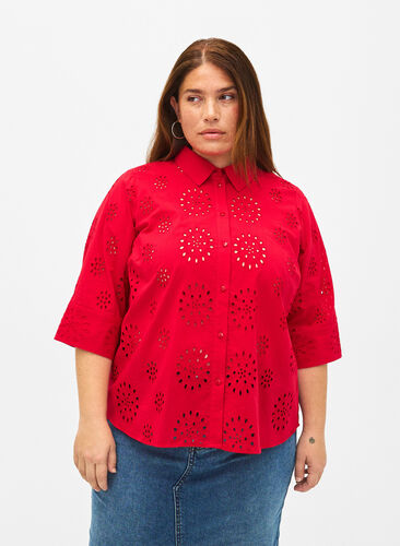 Bluzka koszulowa z haftem angielskim i rekawem 3/4, Tango Red, Model image number 0