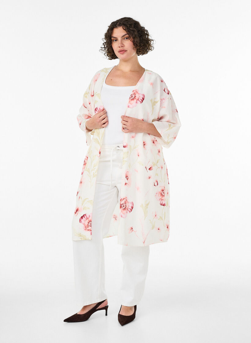 Kimono z wiskozy z rekawami 3/4, R&oacute;żowy, Model image number 1