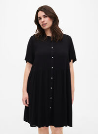 Trapezowa sukienka z wiskozy z krótkimi rekawami, Black, Model