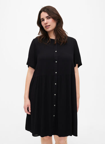 Trapezowa sukienka z wiskozy z krótkimi rekawami, Black, Model image number 0