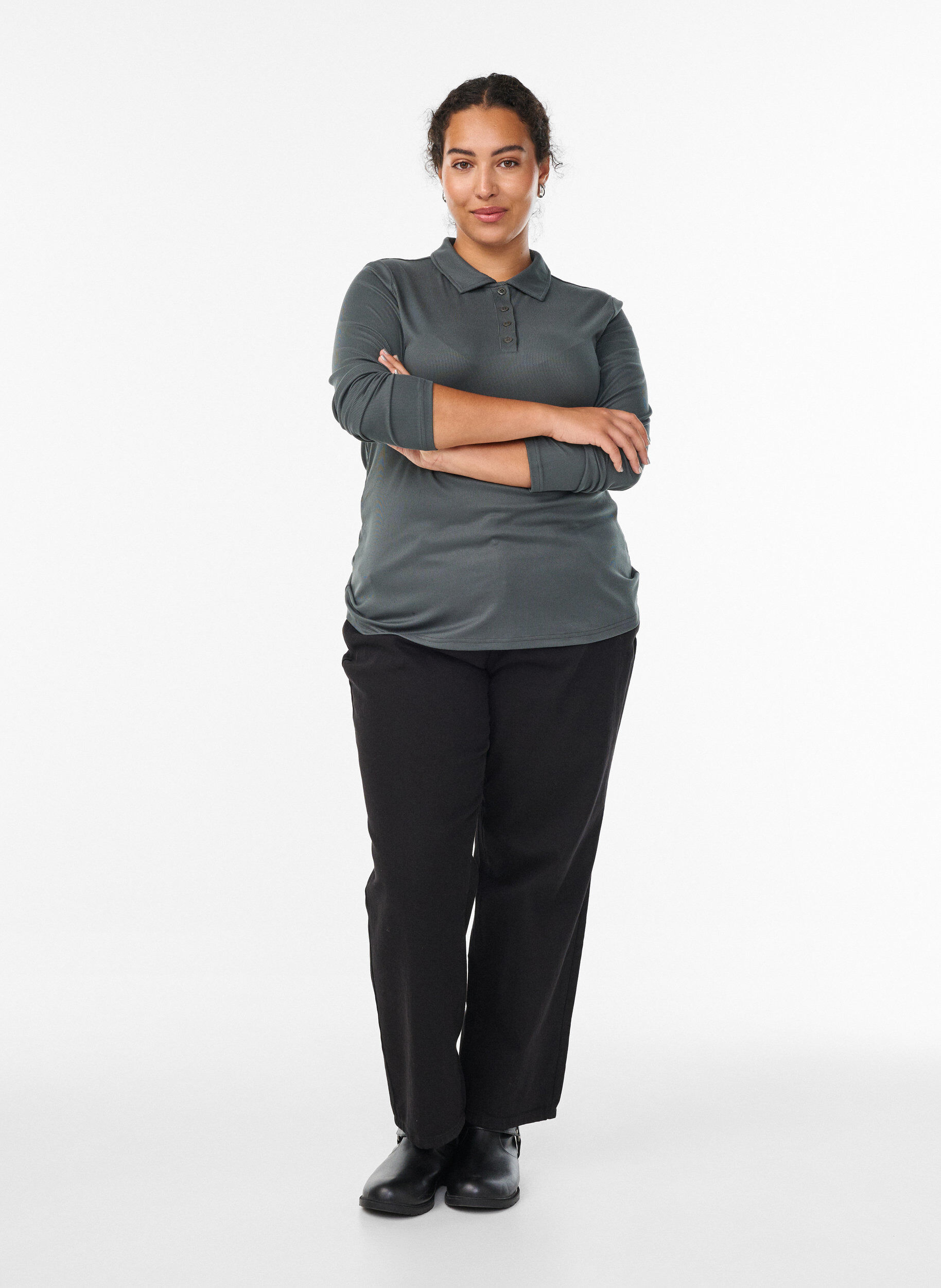 Zizzi Koszula polo z miekkiej, prazkowanej dzianiny z dlugim rekawem, Zielony, Model image number 1