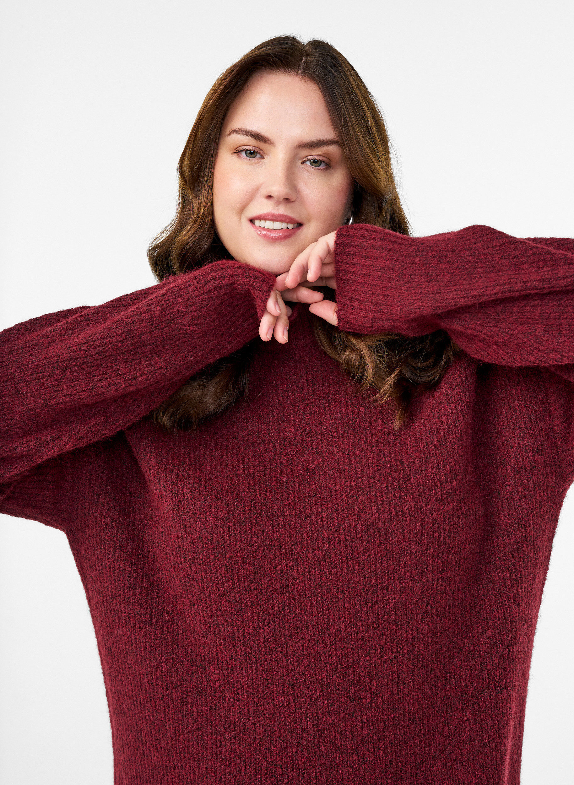 Zizzi Dluga dzianinowa sukienka z wysokim dekoltem, Czerwony, Model image number 3