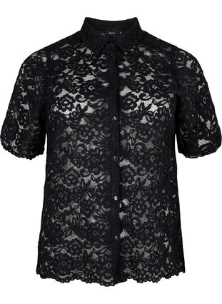 Koronkowa koszula z krótkim rekawem, Black, Packshot image number 0