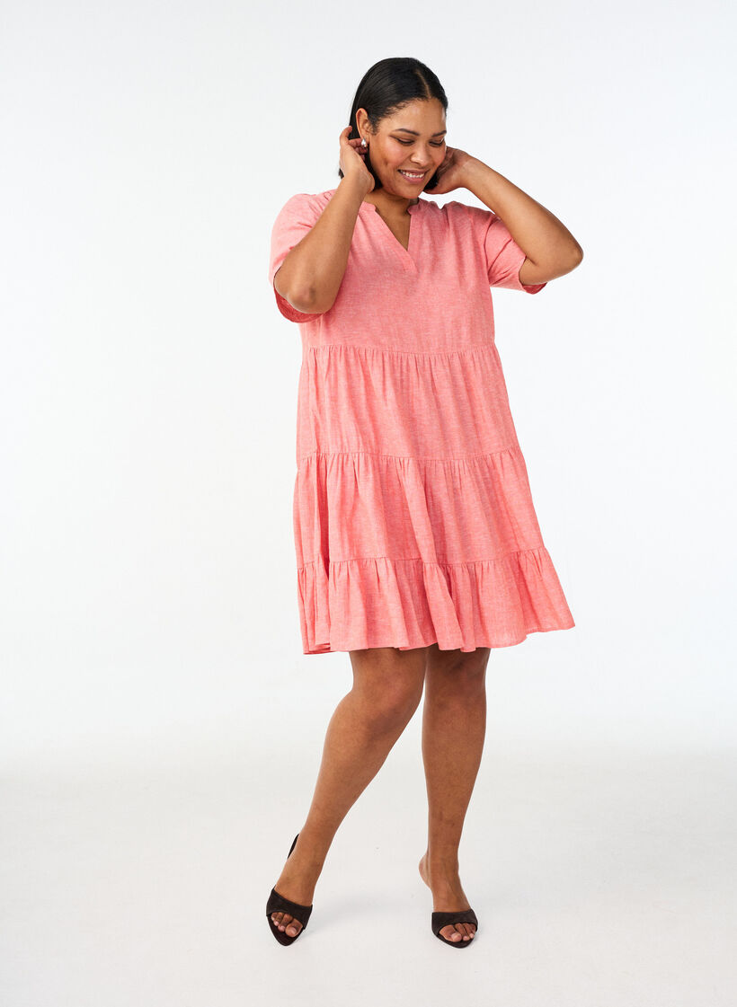 Sukienka w kroju A do kolan wykonana z lnu i wiskozy, Czerwony, Model image number 1