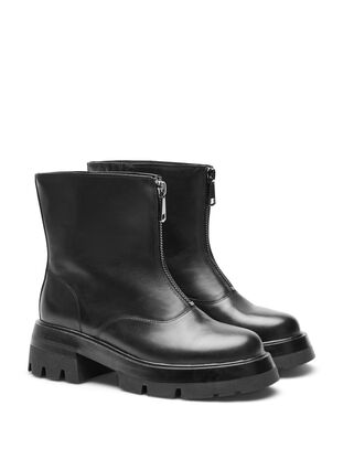Krótkie szerokie buty ze skóry z zamkiem blyskawicznym, Black, Packshot image number 1