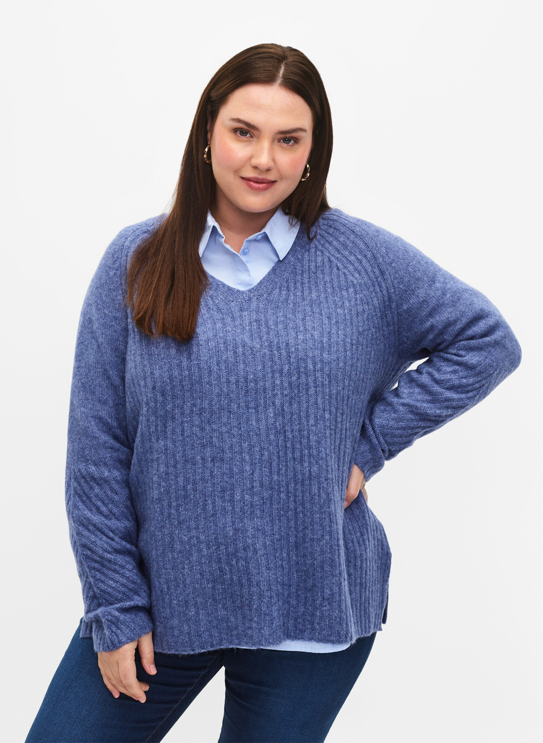 Zizzi Dzianinowy sweter z rozcieciem, Gray Blue Mel., Model image number 0