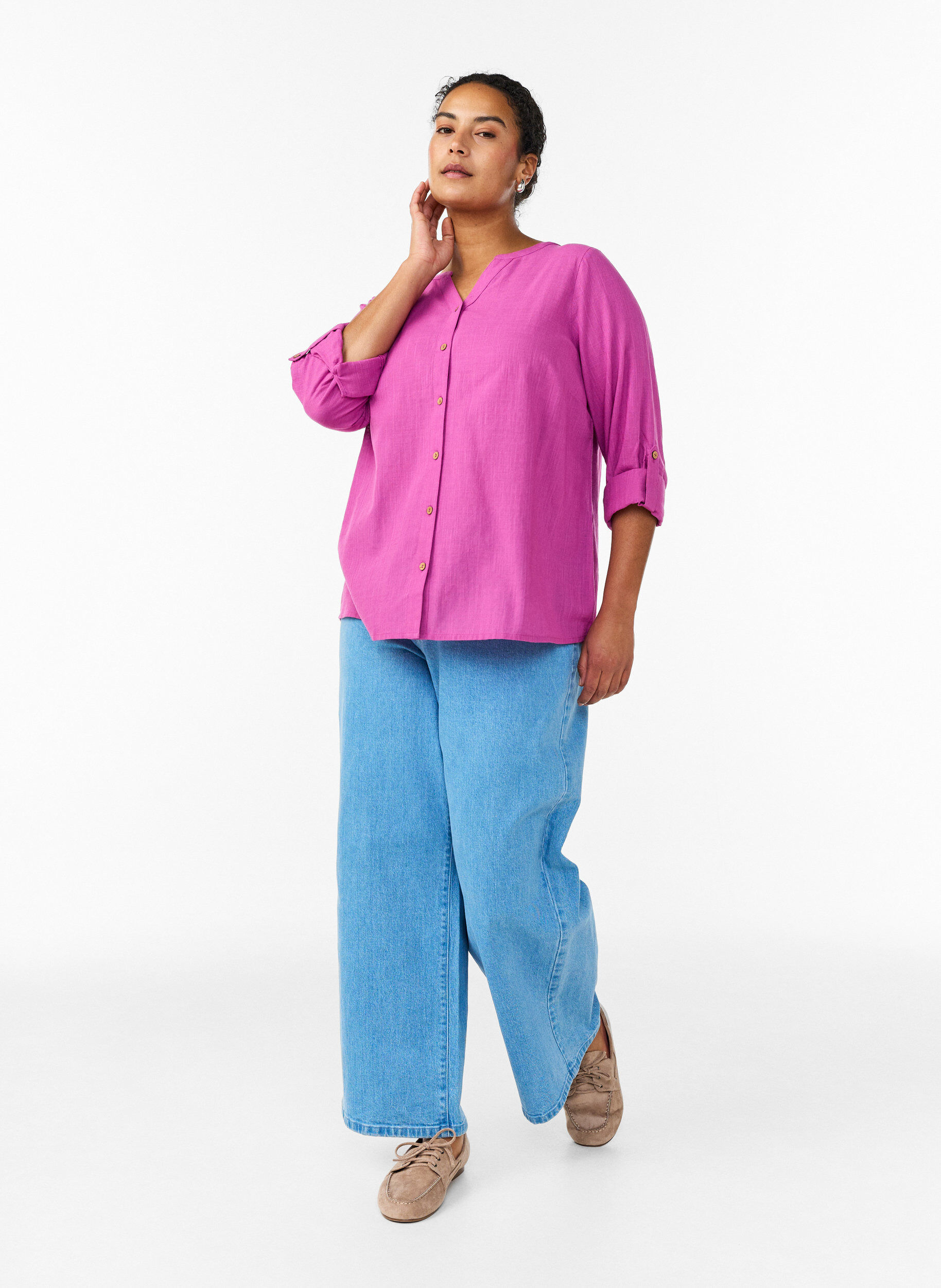 Zizzi Bluzka z bawelny z dekoltem w ksztalcie litery V, R&oacute;żowy, Model image number 1