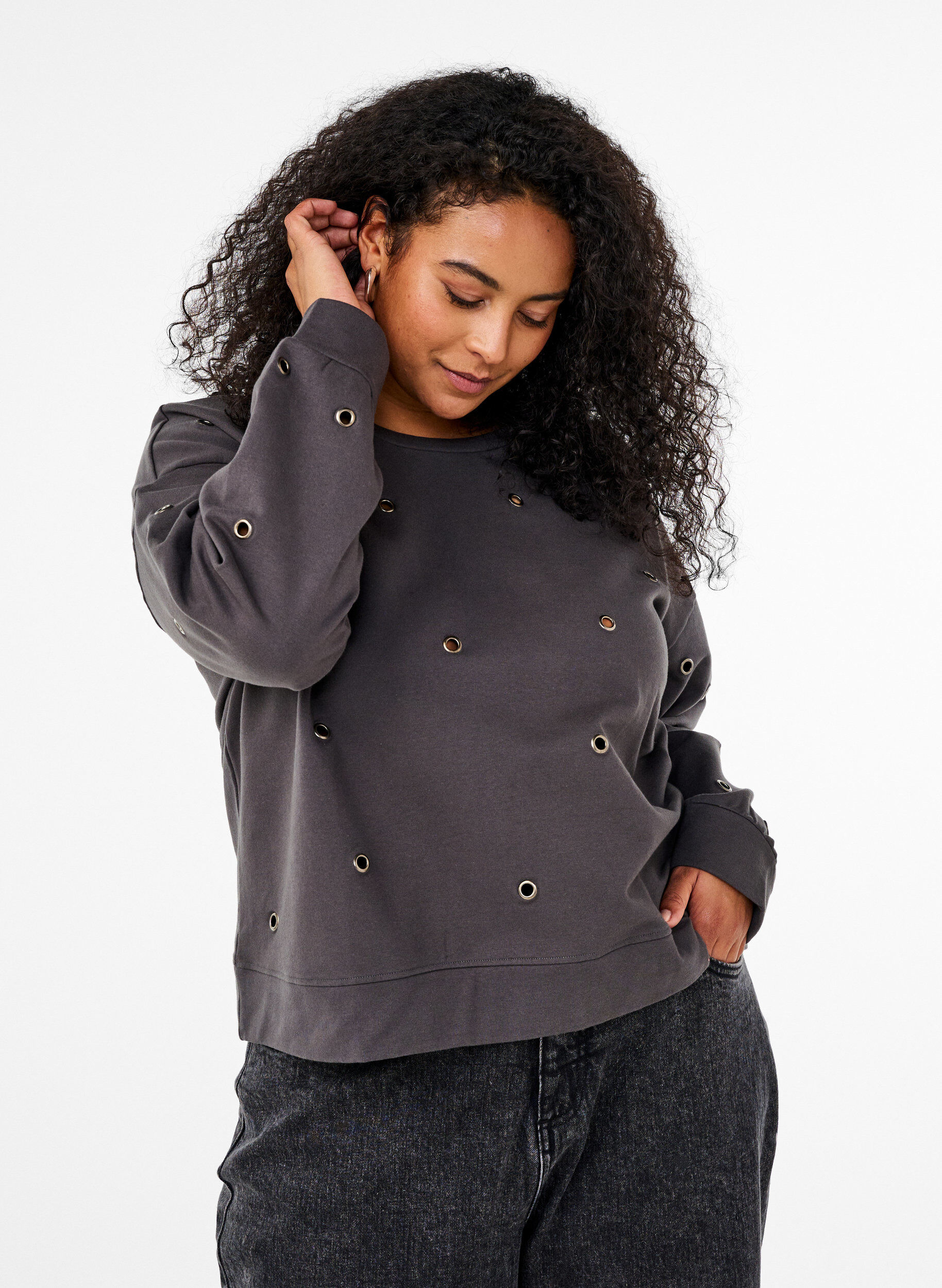 Zizzi Bluza z oczkami, Ciemnoszary, Model image number 0