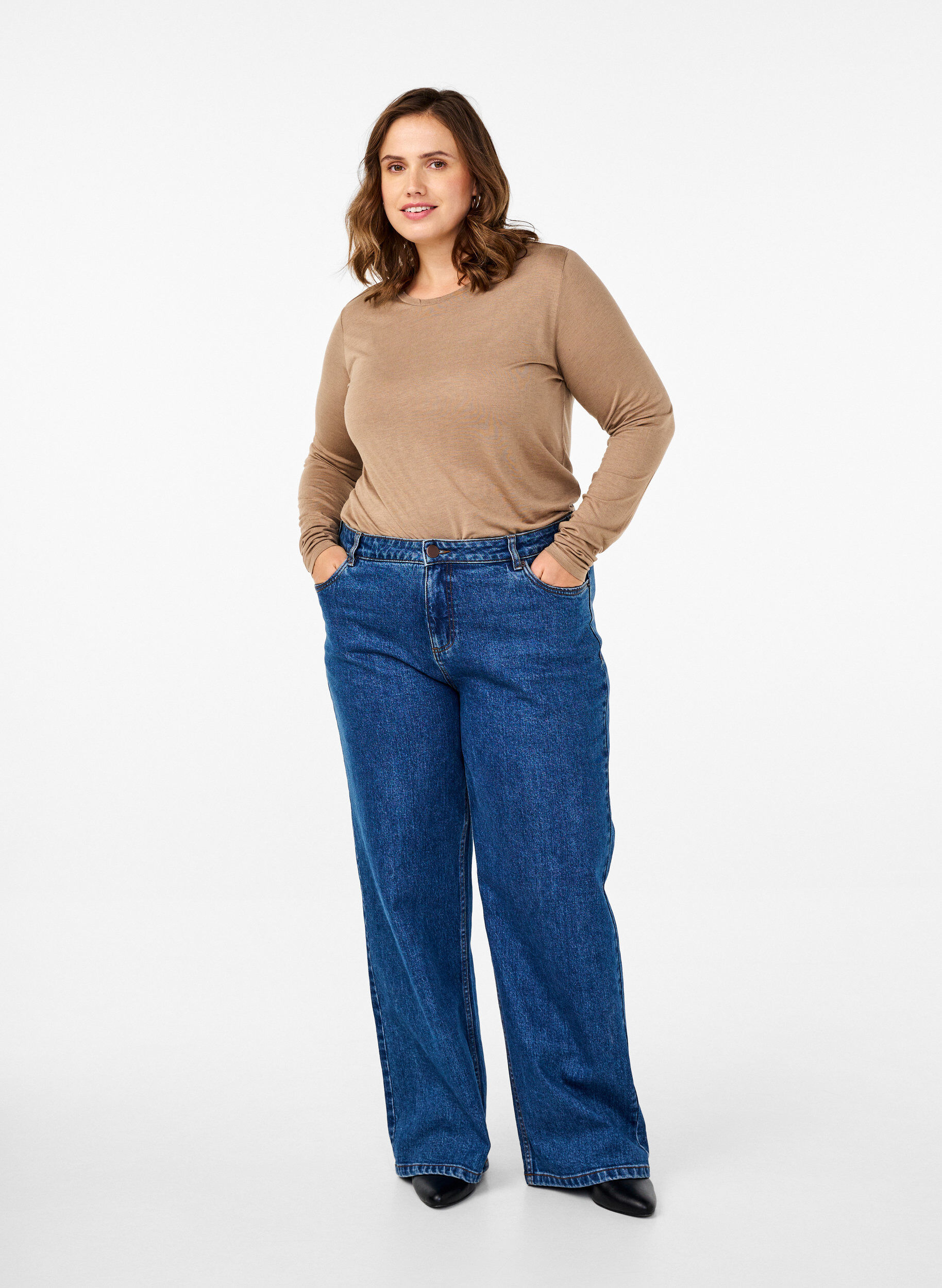 ZizziBluzka z dlugim rekawem z welny i wiskozy, Brązowy, Model image number 1