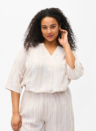 Bluzka w paski wykonana z mieszanki lnu i wiskozy, Beige White Stripe, Model image number 0