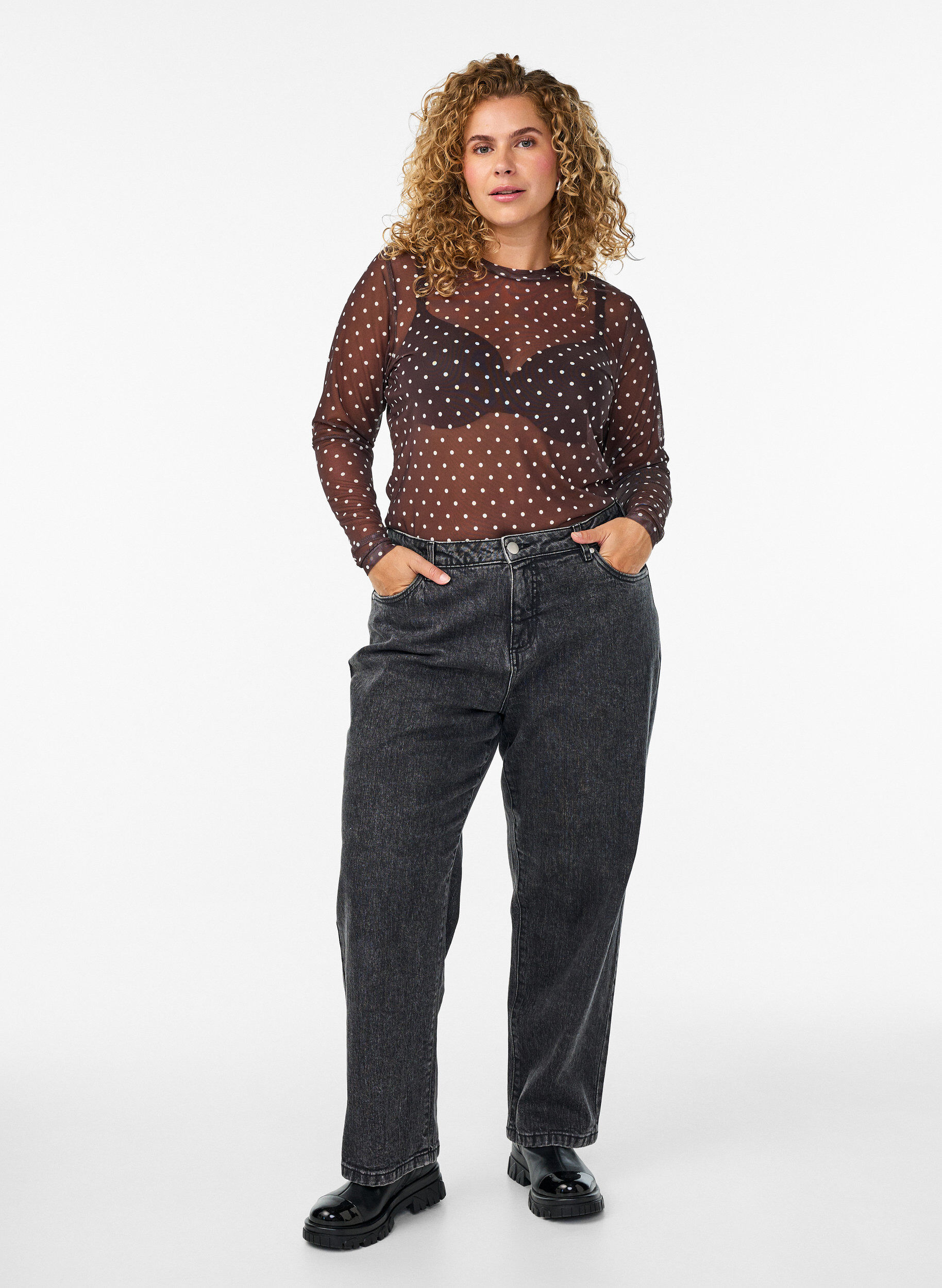 ZizziBluzka z siateczki w kropki, Brązowy, Model image number 1