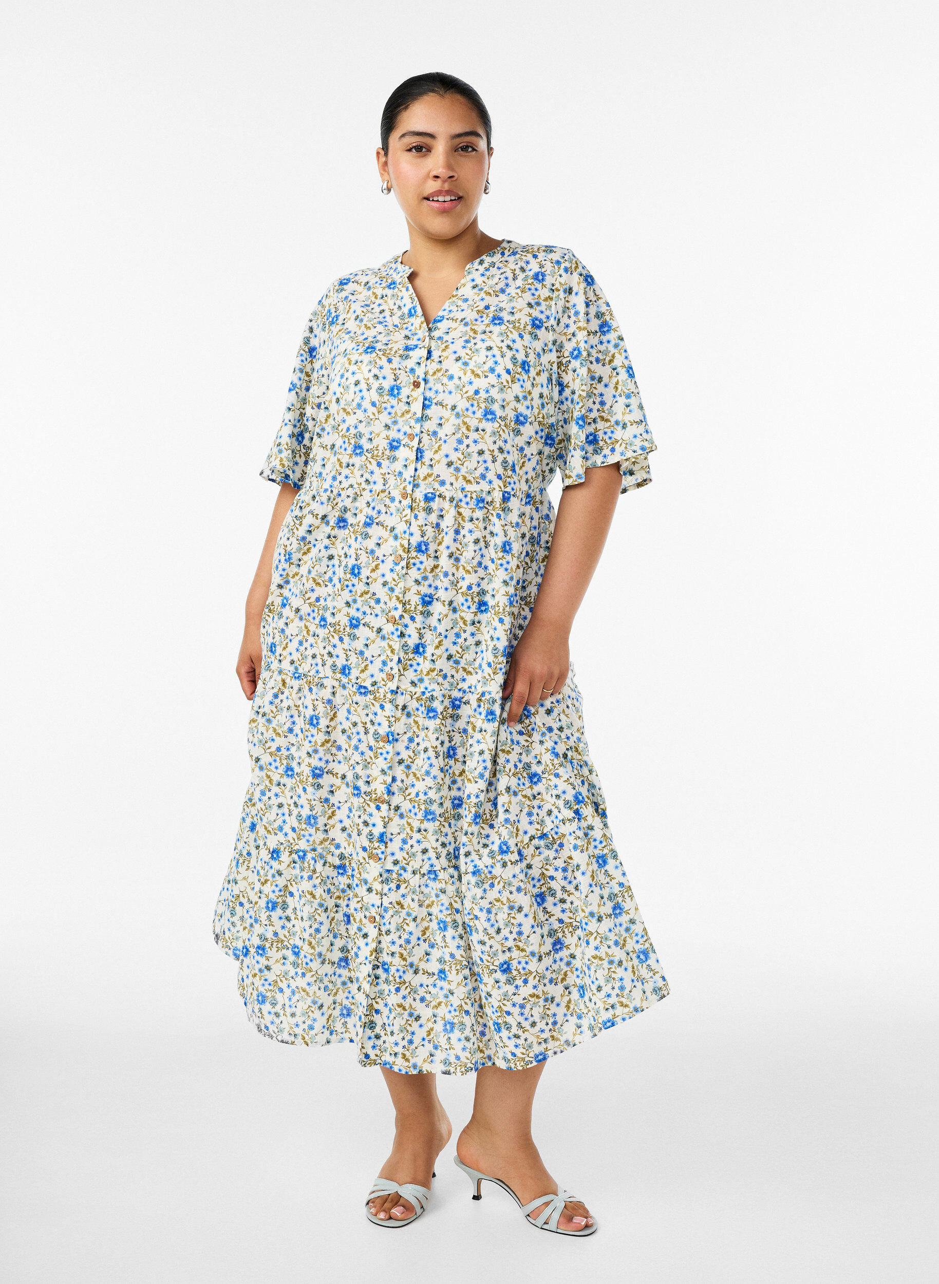 ZizziBawelniana sukienka midi z kwiatowym nadrukiem, Niebieskie, Model image number 0