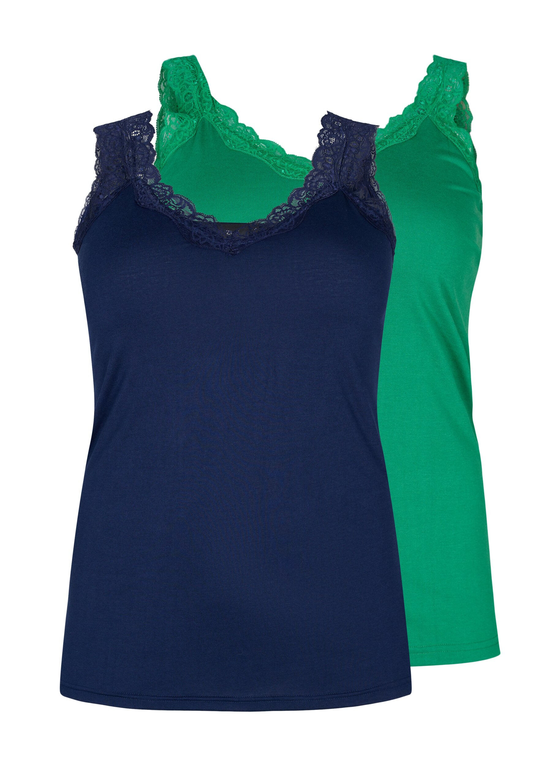 Zizzi 2-pack top with lace, Navy B/Jolly Green, Packshot image number 0