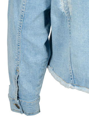 Krótka kurtka jeansowa z niepokojacymi detalami, Light Blue Denim, Packshot image number 3