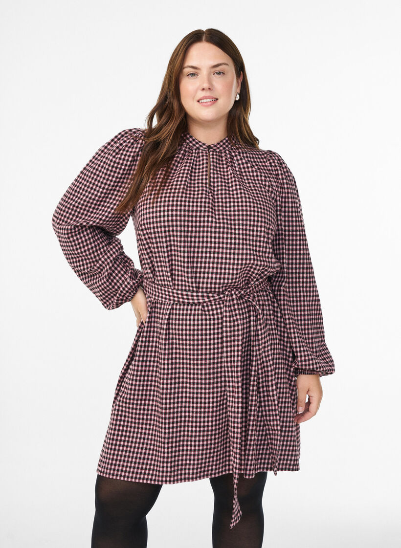 Krótka sukienka w krate z paskiem do wiazania, Czerwony, Model image number 0