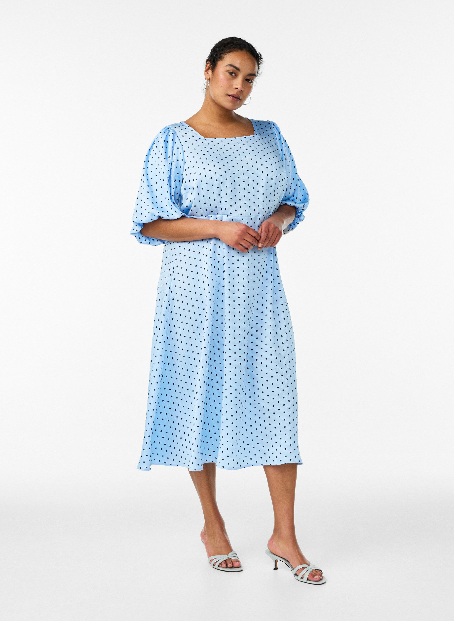 ZizziSukienka midi Polka dot w kolorze ecru z kwadratowym dekoltem, Niebieskie, Model image number 1