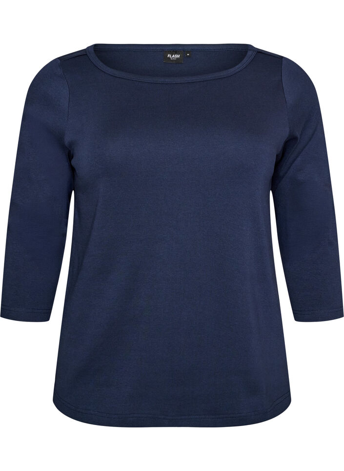 Basicowy T-shirt z dekoltem w l&oacute;dke i rekawami 3/4, Niebieskie, Packshot image number 0