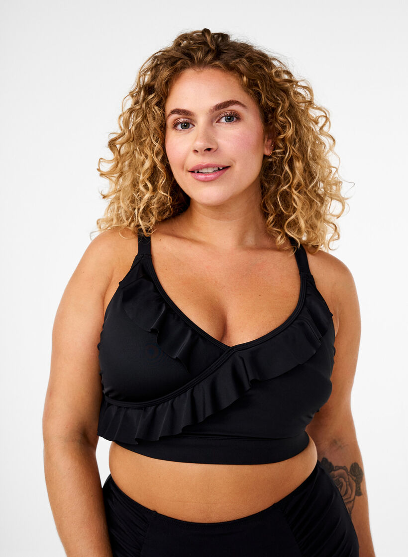 G&oacute;ra od bikini z falbankami i wyjmowanymi wkladkami, Czarne, Model image number 0