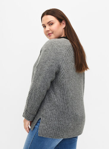 Dzianinowy sweter z rozcieciem, Light Grey Melange, Model image number 1