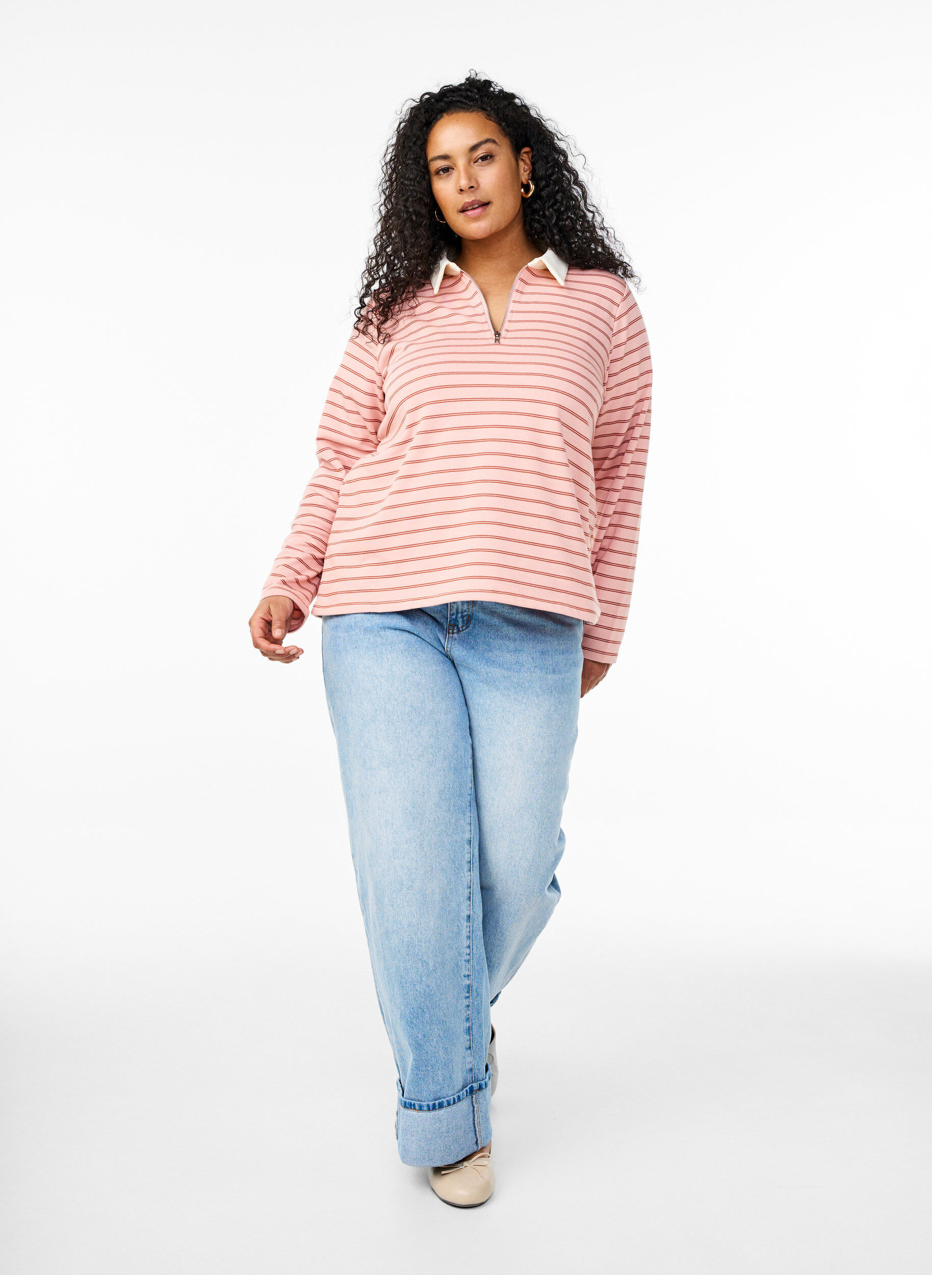 Zizzi Koszulka polo w paski z zamkiem blyskawicznym, R&oacute;żowy, Model image number 1