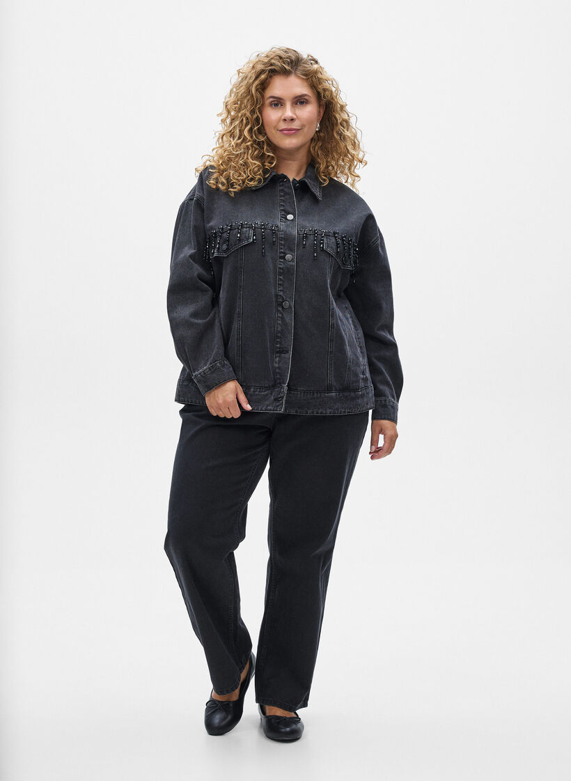 Kurtka jeansowa z perelkowymi fredzlami, Szary, Model