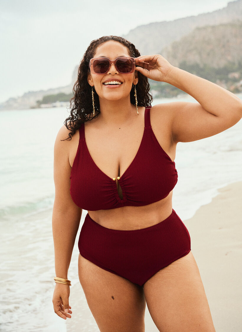 Doly bikini na wysokim staniku z faktura, Czerwony, Image