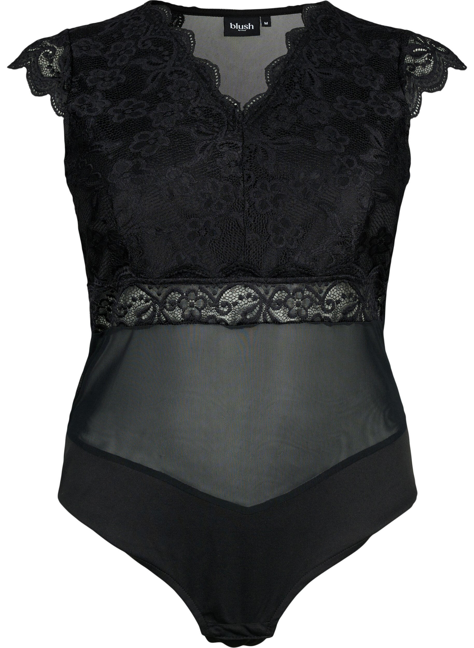 Zizzi Bodystocking z koronka i dekoltem w szpic, Black, Packshot image number 0