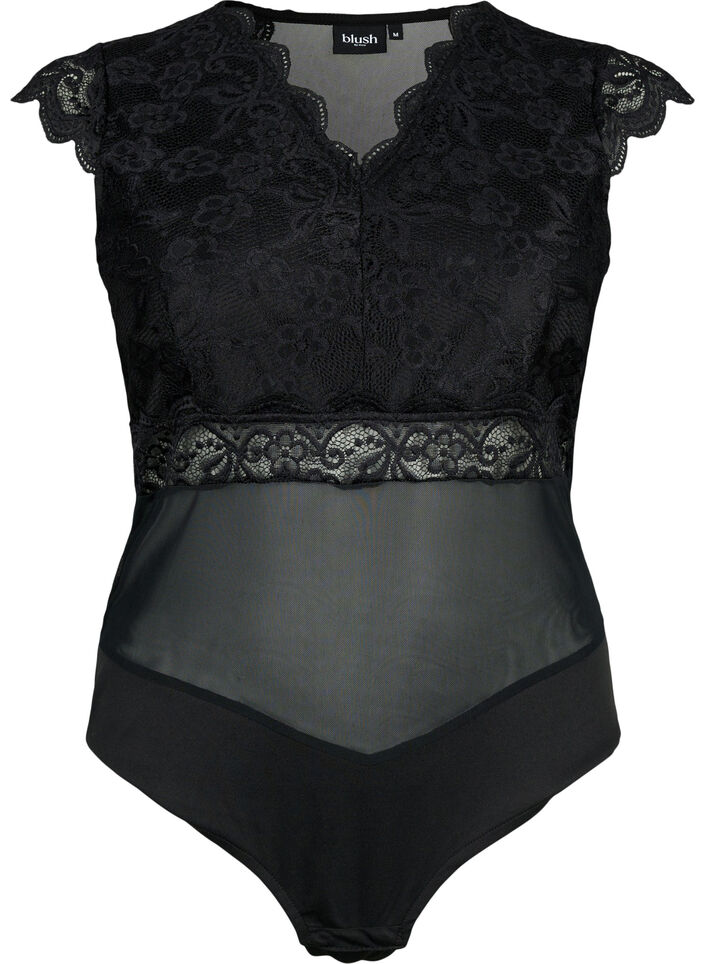 Bodystocking z koronka i dekoltem w szpic, Black, Packshot image number 0