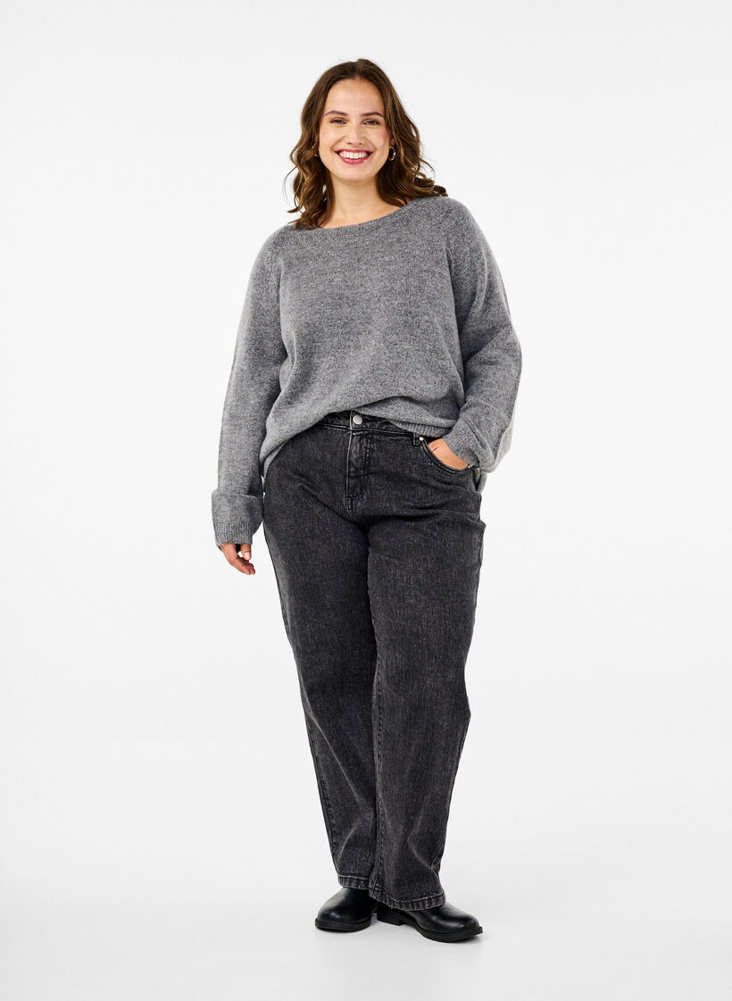 Luzna dzianinowa bluzka z okraglym dekoltem, Medium Grey Melange, Model image number 2