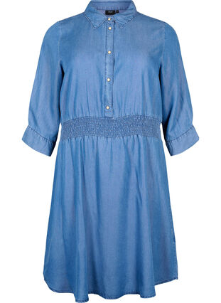 Miekka dzinsowa sukienka z rekawem 3/4 i marszczeniem, Blue denim, Packshot image number 0