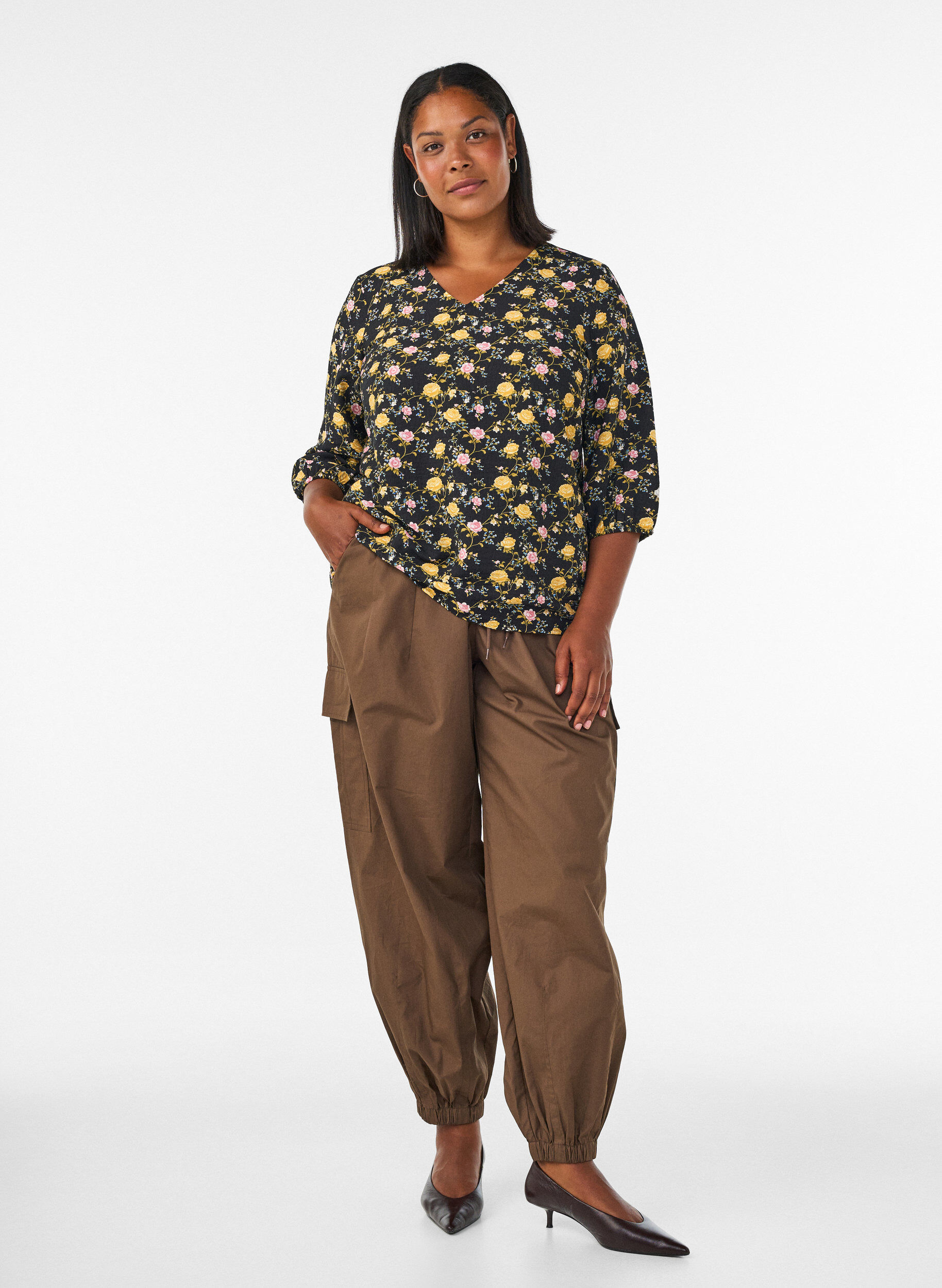 ZizziBluzka z wiskozy w krate z 3/4-sleeves, Czarne, Model image number 1