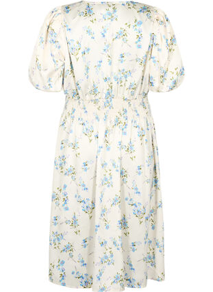 Kwiecista satynowa sukienka z bufiastymi rekawami, Off White Blue Fl., Packshot image number 1