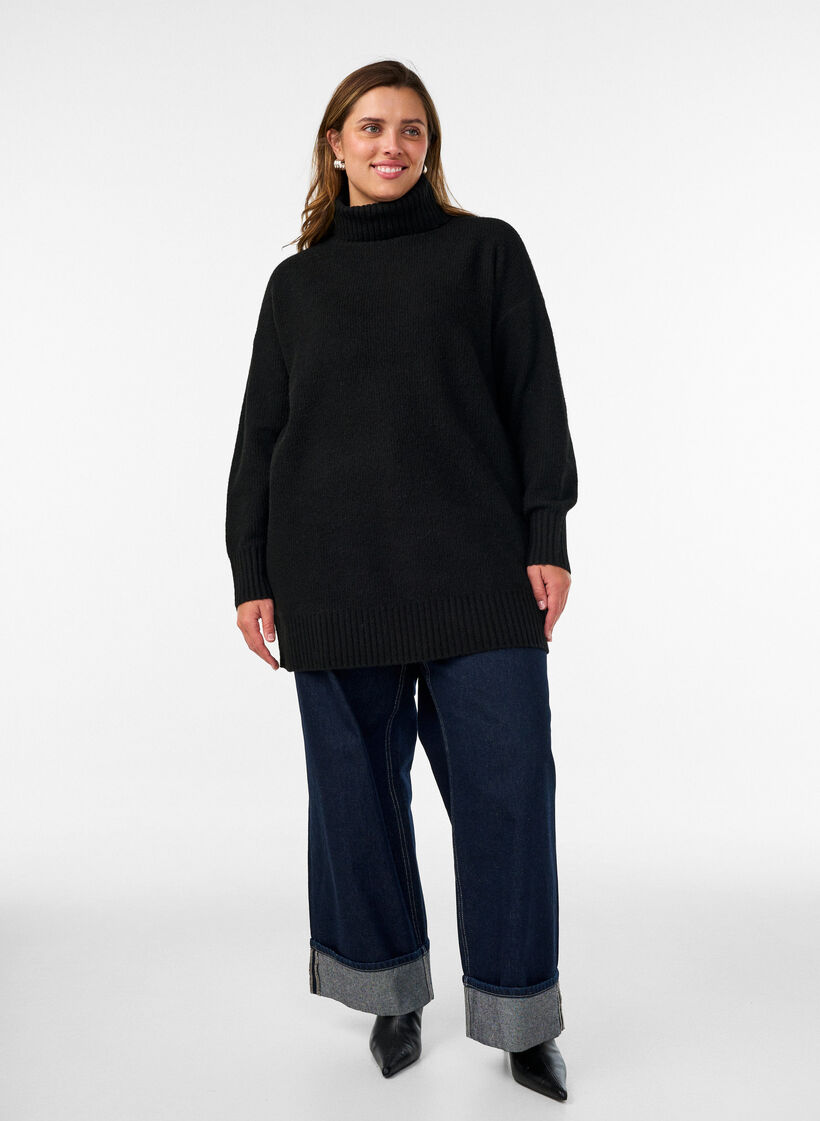 Sweter o luznym splocie z golfem, Czarne, Model image number 1