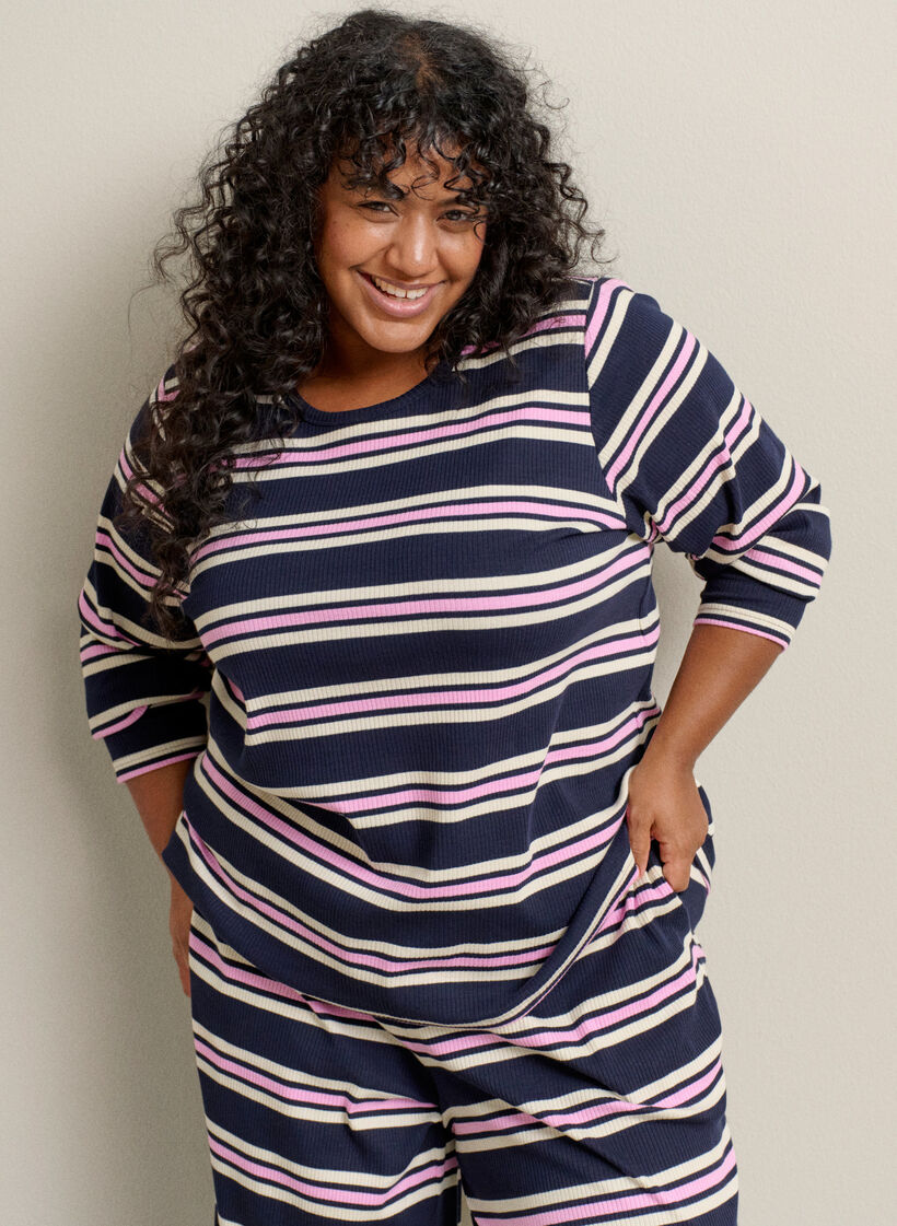 D&oacute;l pizamy w paski z szerokimi nogawkami, Niebieskie, Image