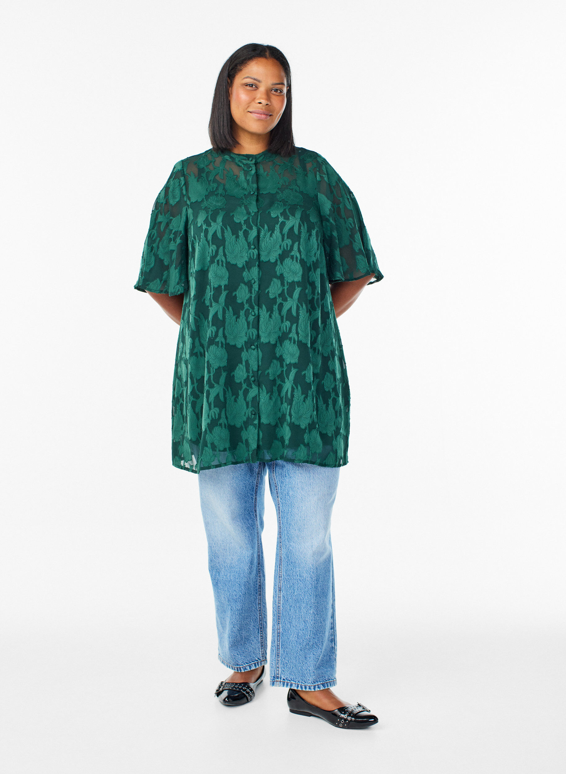 Zizzi Kr&oacute;tka sukienka o kroju A z kwiatowym wzorem, Zielony, Model image number 1