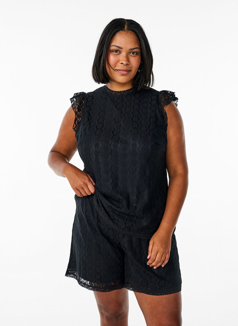 Koronkowy top z falbankami, Czarne, Model image number 0