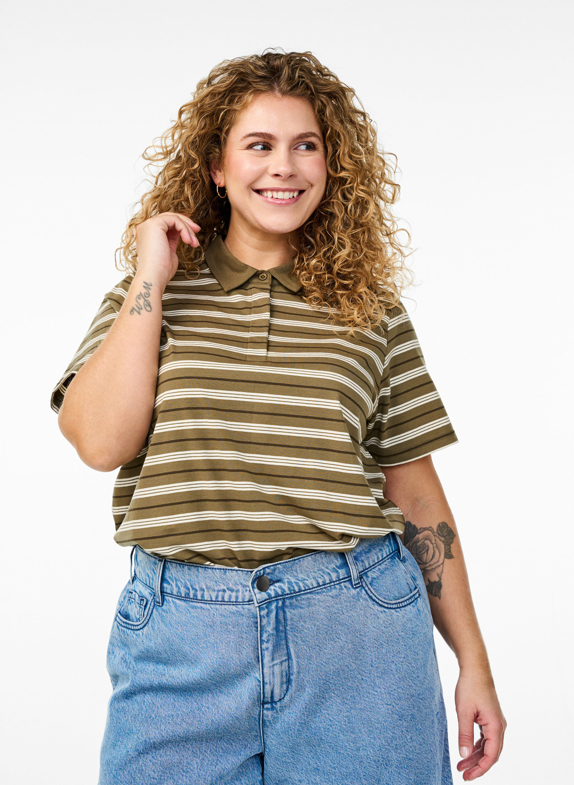 Koszulka polo w paski z kr&oacute;tkim rekawem, Zielony, Model