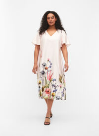 Sukienka midi z nadrukiem w kwiaty i krótkimi rekawami, White Sand, Model