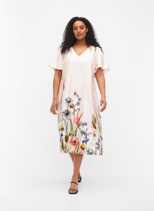 Sukienka midi z nadrukiem w kwiaty i krótkimi rekawami, White Sand, Model image number 0