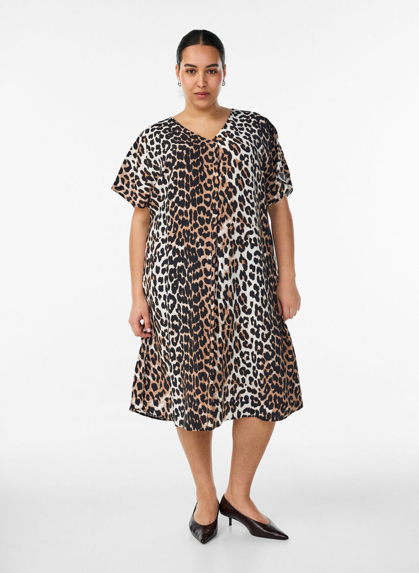 Wiskozowa sukienka z dekoltem w szpic, Brązowy, Model image number 0