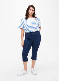 Jeansowe spodnie 3/4 z elastycznym paskiem, Dark Blue Denim, Model