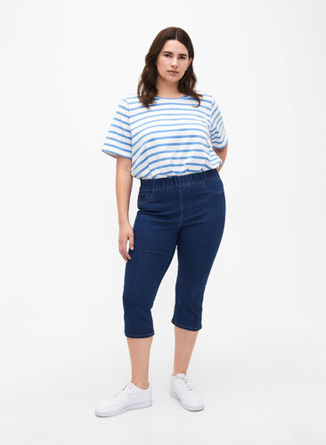 Jeansowe spodnie 3/4 z elastycznym paskiem, Dark Blue Denim, Model image number 0