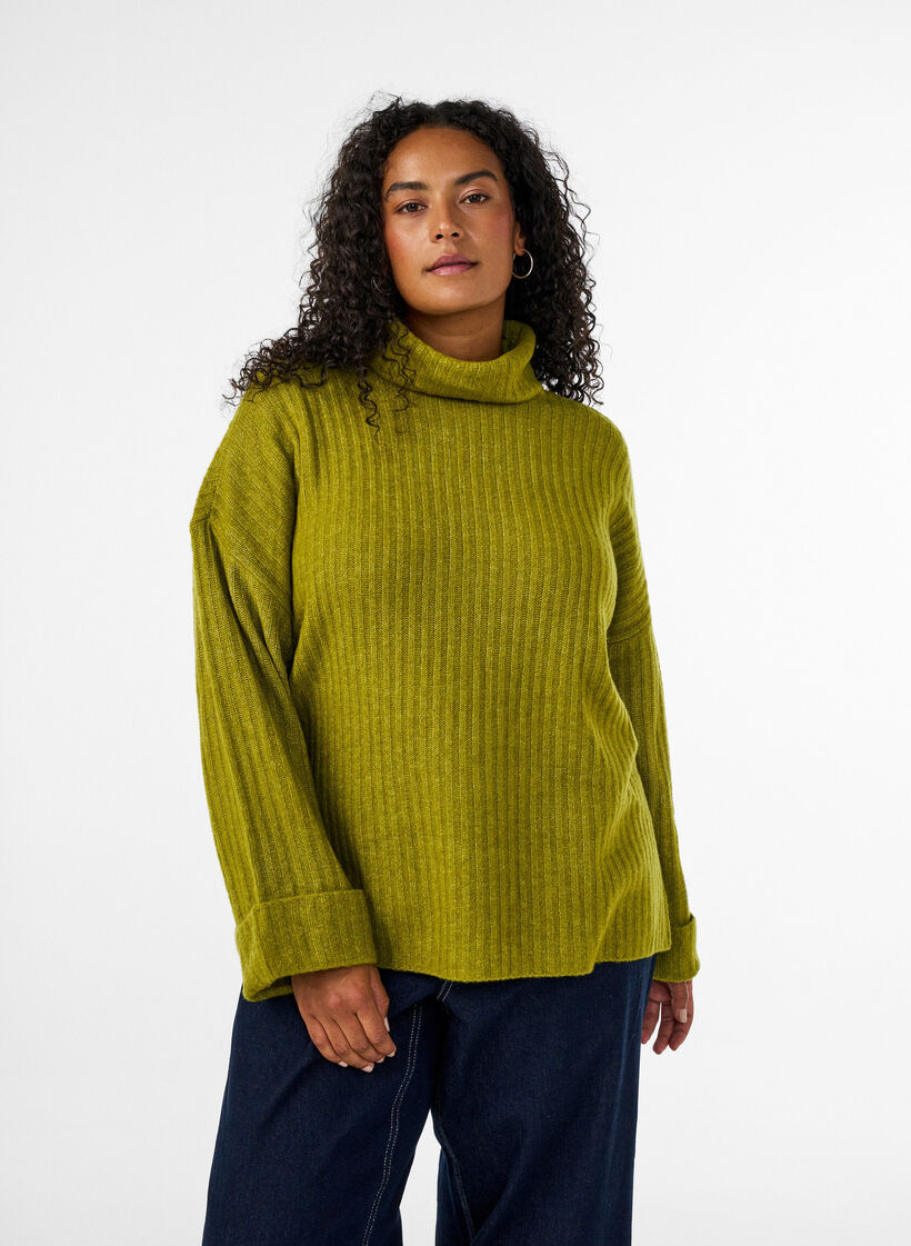 Sweterek dzianinowy z kolnierzykiem stojacym, Zielony, Model image number 0