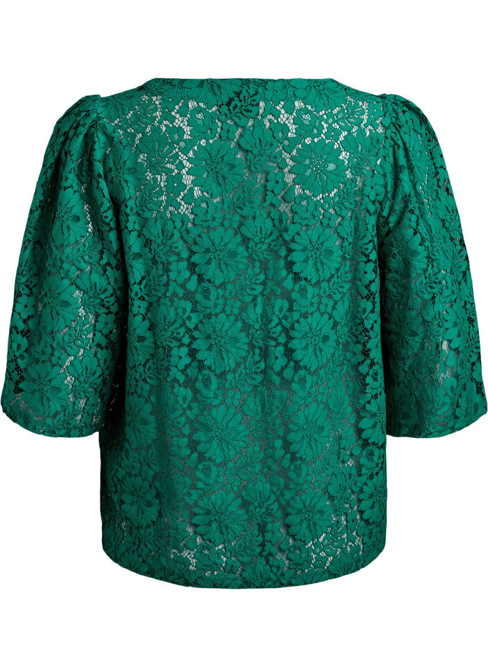 Koronkowa bluzka z rekawami 3/4 i kokardkami z przodu, Zielony, Packshot image number 1