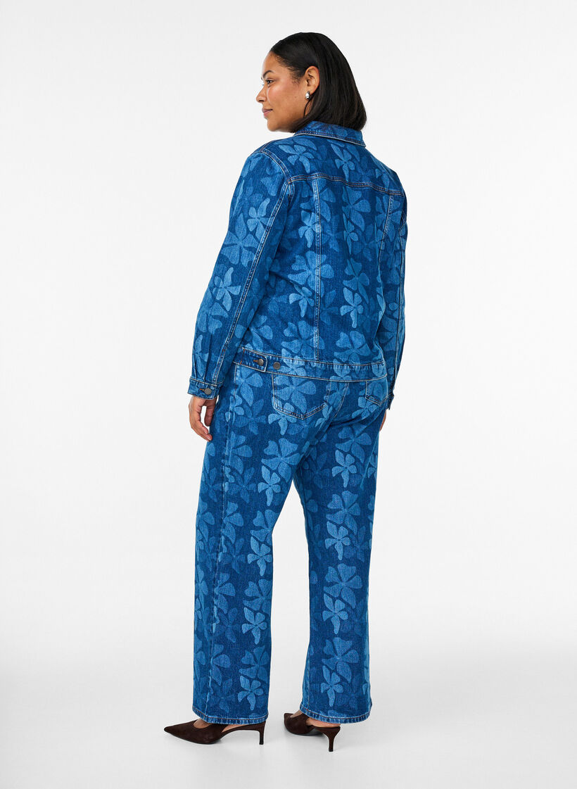 Jeansy Myra z kwiatowym wzorem na denimie, o szerokim kroju, Niebieskie, Model image number 1